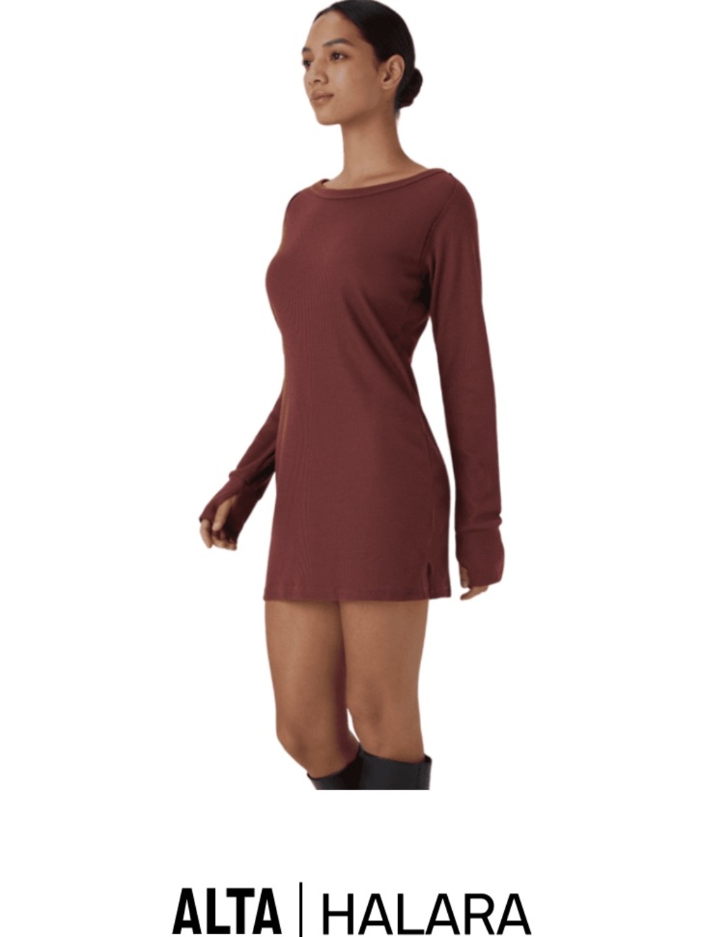 HALARA Ribbed Long-Sleeve Mini Dress in Burgundy